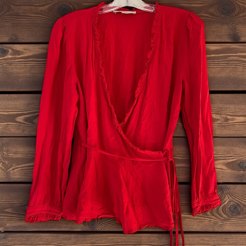 LOFT Petites Red Ruffle V Neck Wrap Long Sleeve Peplum Top Size MP - Picture 1 of 5